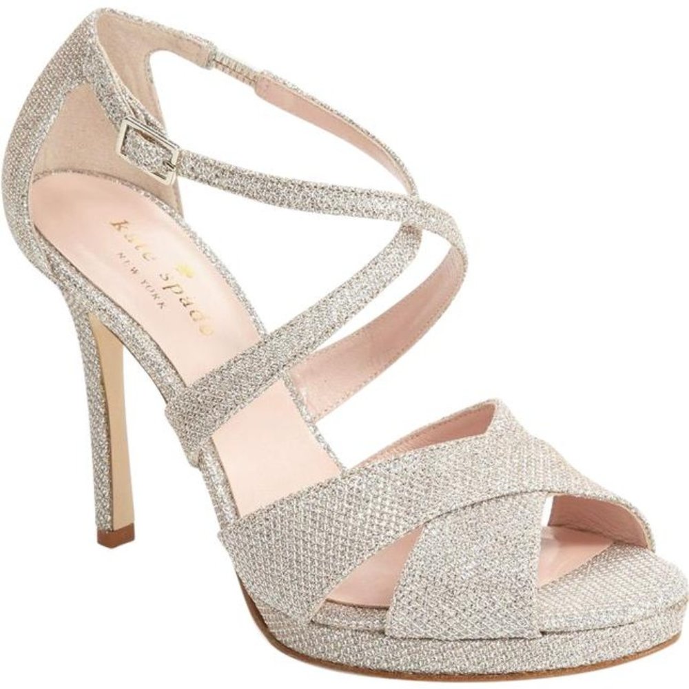 Kate Spade NY Frances Silver Natural Grid Lurex (Sparkle) Platform Sandal - NEW